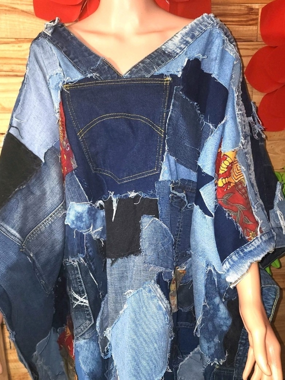 Patchwork Denim Women’s Poncho Tunic - Blue